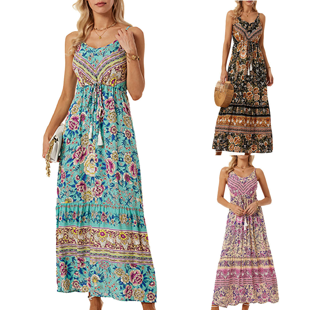 Dame maxikjole med floralt boho-design og justerbar talje snøring Stilla