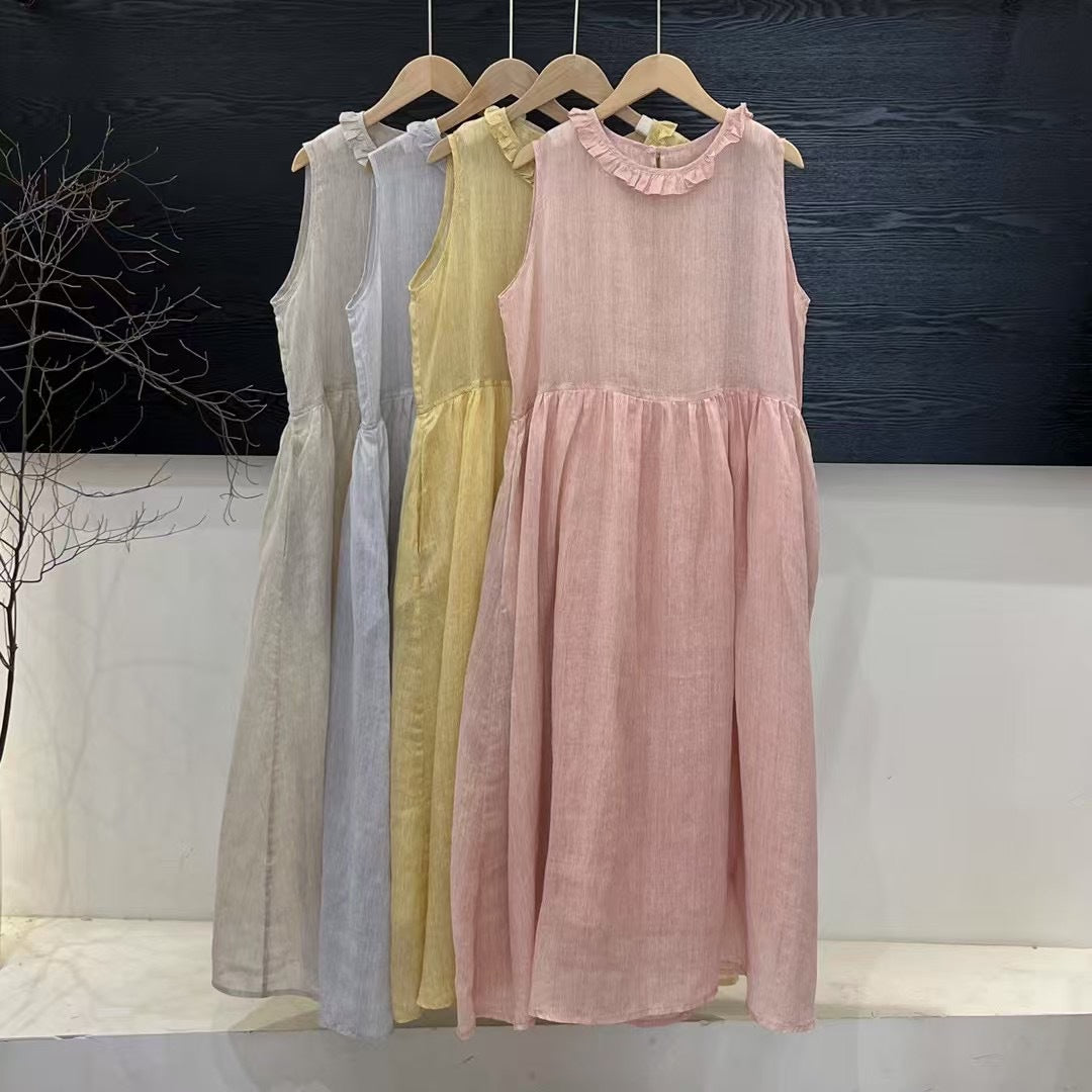 Femme Relaxed Fit Rynket Linned Maxi Kjole Stilla