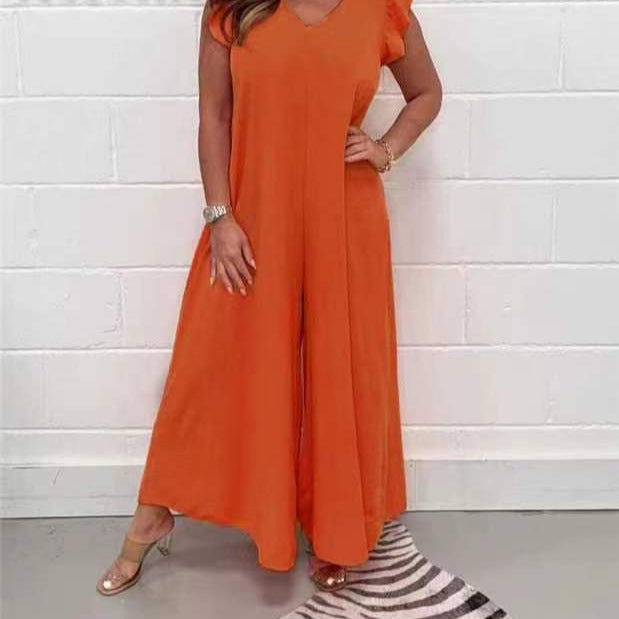 Dame Elegant bred Jumpsuit med V-hals og korte ærmer Stilla