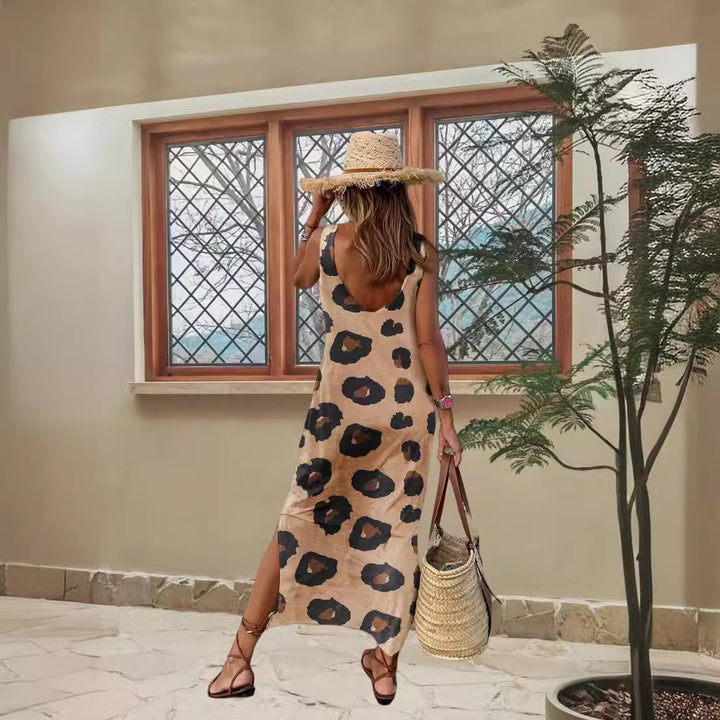 Dame maxikjole i moderne leopardmønster med løs pasform og ærmeløst design Stilla