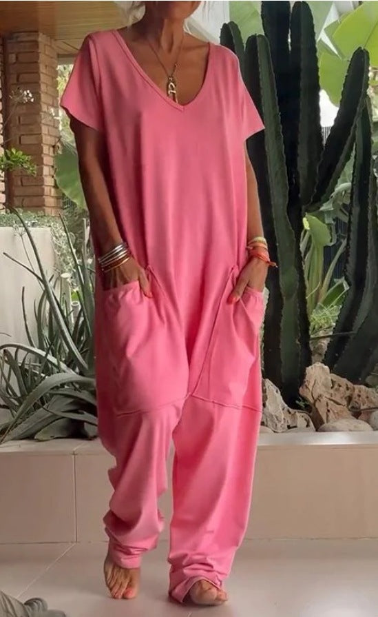 Dame Lässig Jumpsuit med praktiske lommer og V-hals Stilla