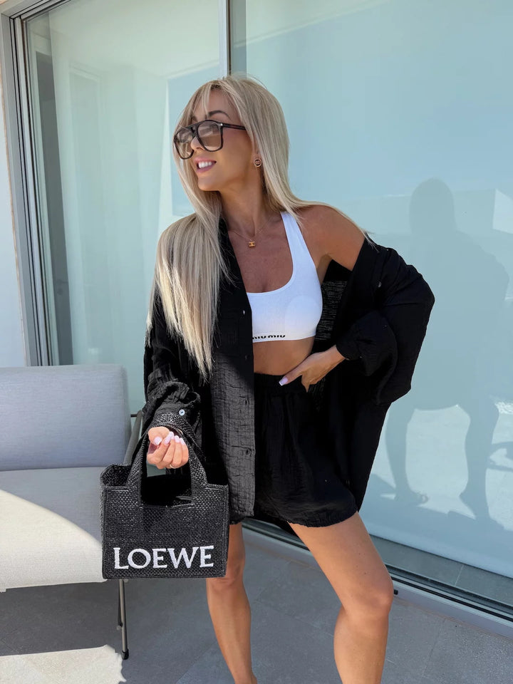 Kvinders Casual Kort Jumpsuit Sæt med Asymmetrisk Top og Elastisk Talje
