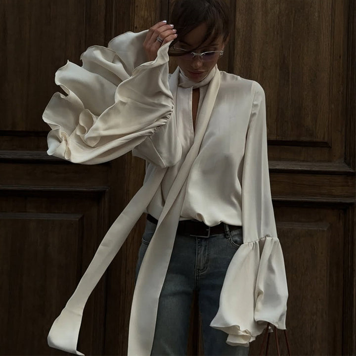 Dame elegant bluse med voluminøse ruffles ærmer Stilla