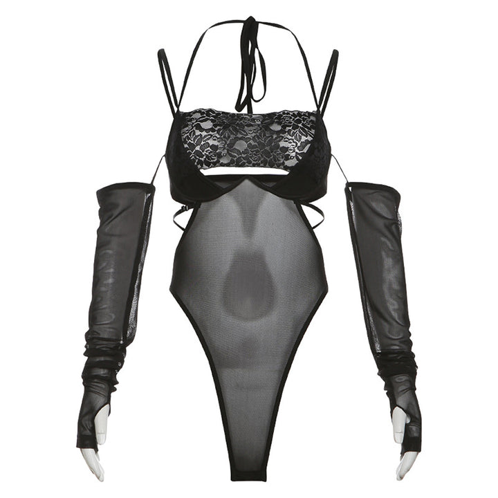 Dame one-piece bodysuit med elegant spidsdekoration og transparent udseende Skovae