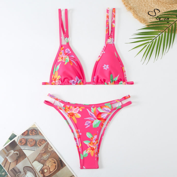 Dame Triangel-Bikini-Sæt med justerbare dobbelte stropper og blomstertryk Stilla
