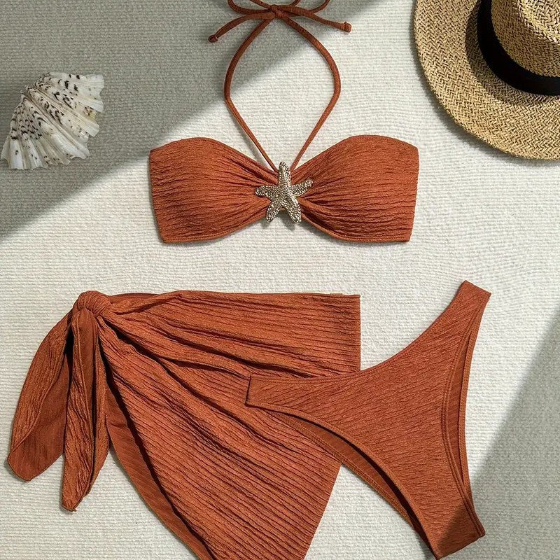 Dame Bandeau-Bikini-sæt med glitrende stjerner-detail og wrap-sarong Stilla