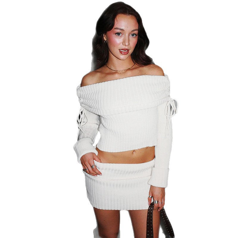 Dame Off-Shoulder Strik-Sæt med moderne detaljer Skovae