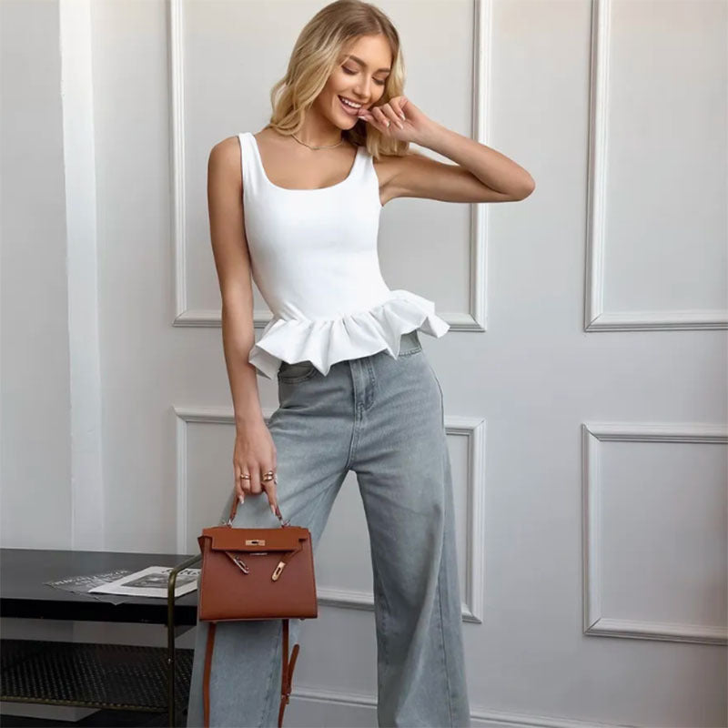 Dame Trendy Top med Rynket Kant Stilla