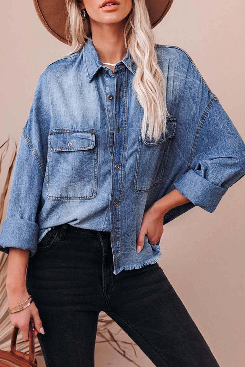 Dame Denim Skjortejakke med afslappet snit og påsyede lommer Stilla