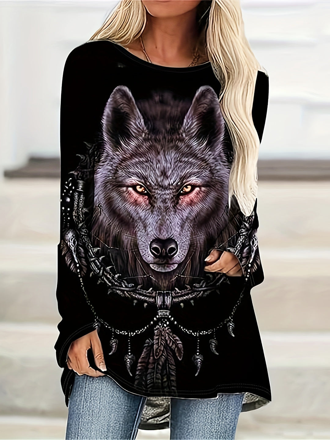 Dame Oversized Sweatshirt med grafisk ulvedesign Stilla