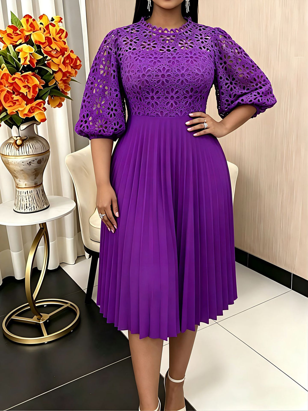 Damer elegant midikjole med spidstop og plisseret skirt Skovae