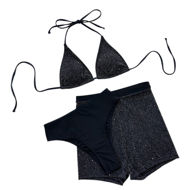Dame Glinsende Trekant-Bikini-Sæt med matchende højtaljede Shorts Stilla