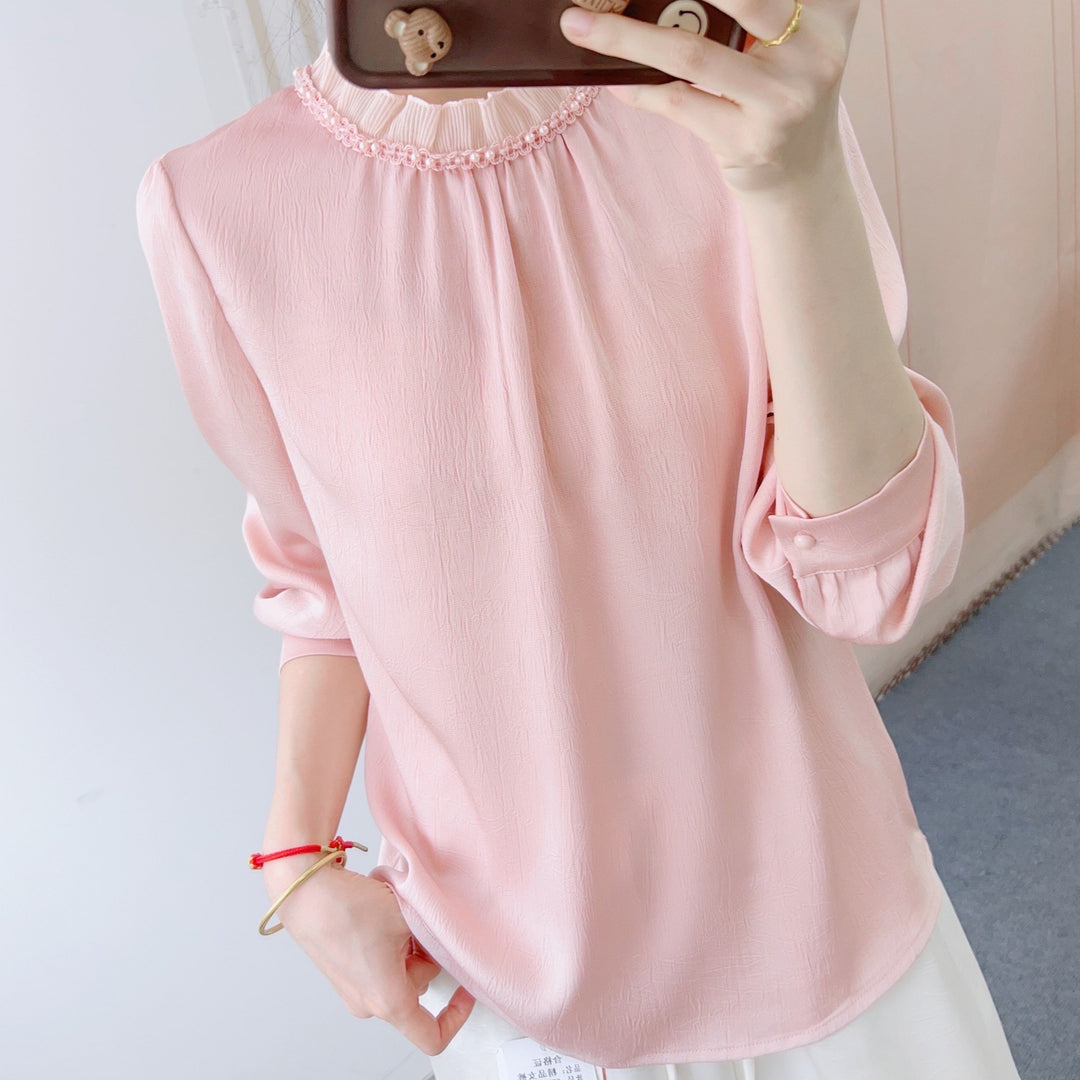 Dame elegant bluse med perlebesat krave og afslappet snit Stilla