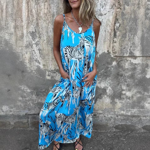 Dame Maxi-kjole med sidelommer og elegant dyreprint Stilla