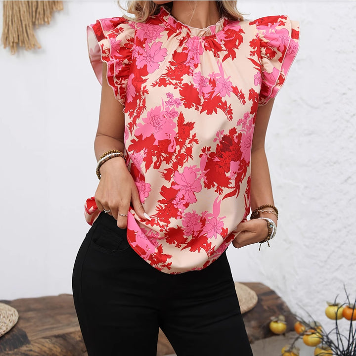 Dame Floral-mønster Bluse med Puffærmer Stilla