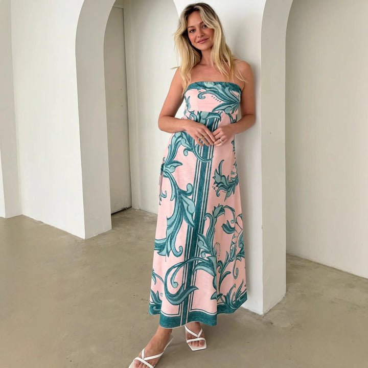 Kvindernes Bandeau Maxi Kjole med Elegant Blomstertryk og Flowsk Skæring