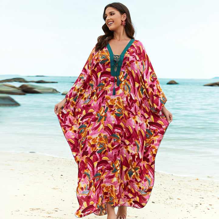 Dame Strandkaftan med florale mønstre og dyb V-udskæring Stilla