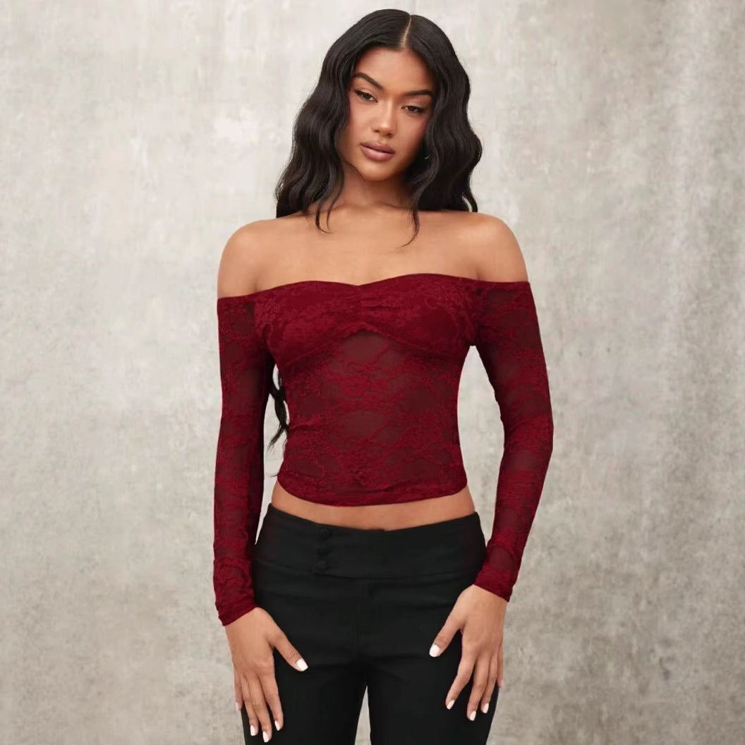 Dame Off-Shoulder Spids Top med lange ærmer og romantiske detaljer Skovae
