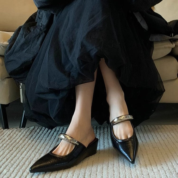 Dame elegant spids tå blokhæl mules med dekorativ rem Stilla
