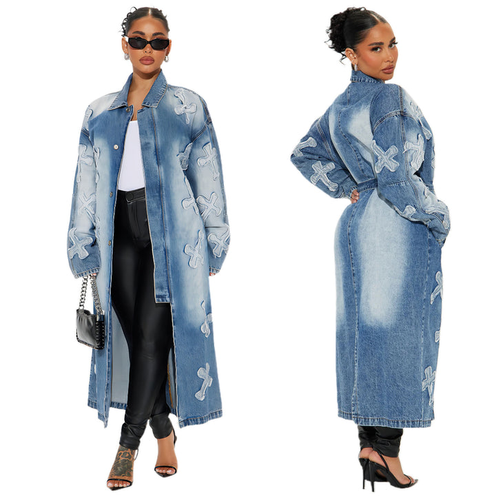 Dame Oversized Jeansjakke med dekorativt broderimønster Stilla