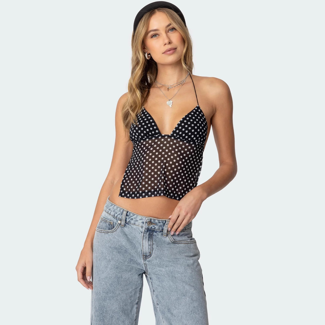 Dame polka dot top med sarte stropper og figursyet snit Skovae