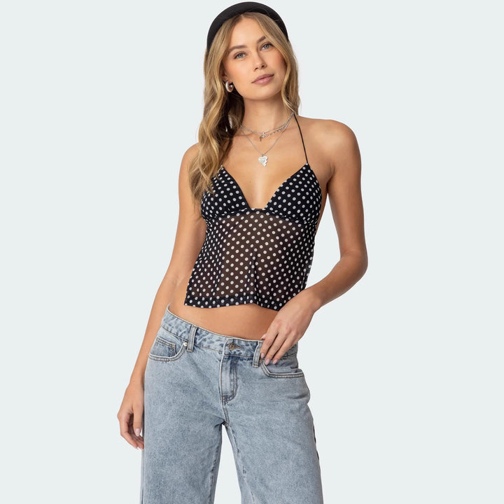Dame polka dot top med sarte stropper og figursyet snit Skovae
