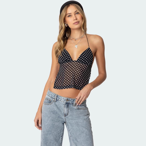 Dame polka dot top med sarte stropper og figursyet snit Skovae