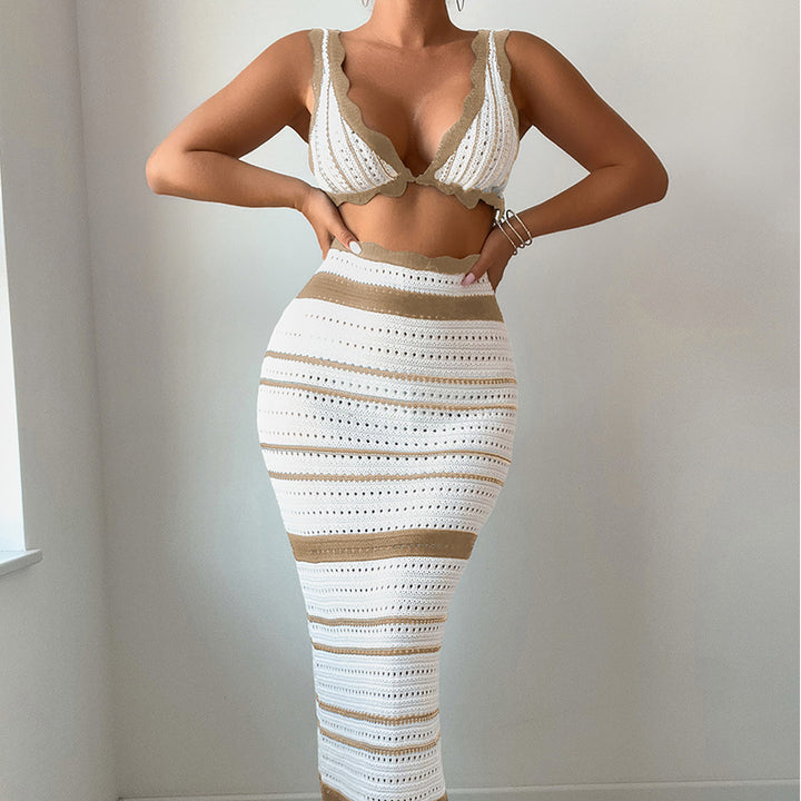 Dame Crop Top og Nederdel Ensemble i trendy Stribemønster Stilla