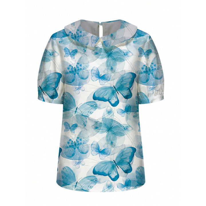 Dame kortærmet bluse med florale accenter og klassisk krave Skovae