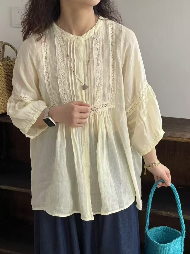 Dame Button-Up Bohemian Bluse med Blonde Stilla