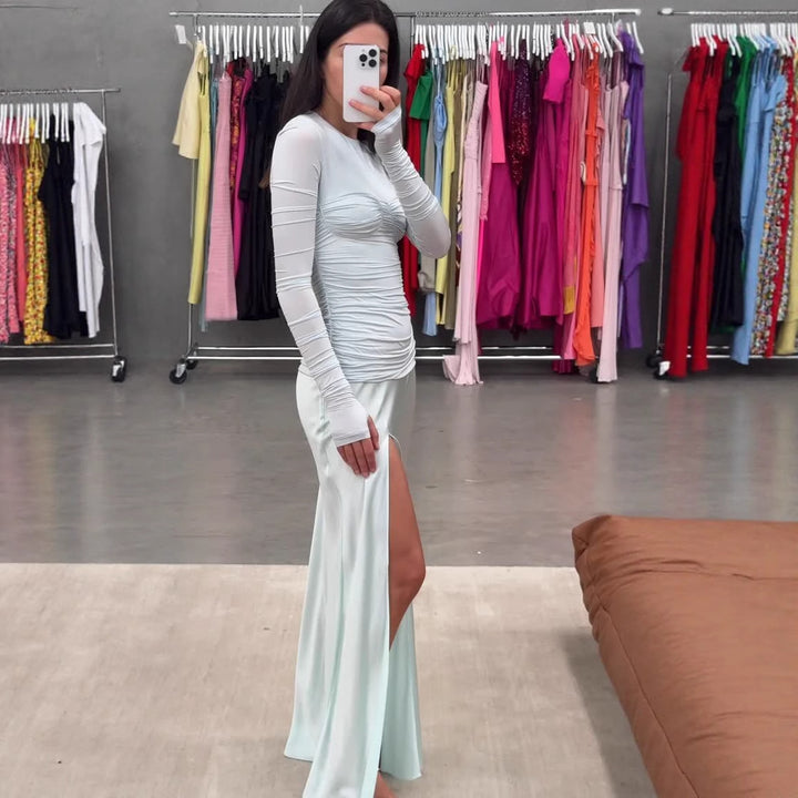 Dame Bodycon-langkjole med sidelæg og rynker Stilla