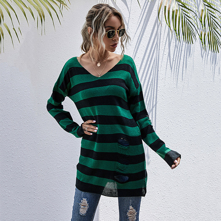 Dame stribet Oversized Pullover med dyb V-udskæring og trendy Cut-Outs Stilla
