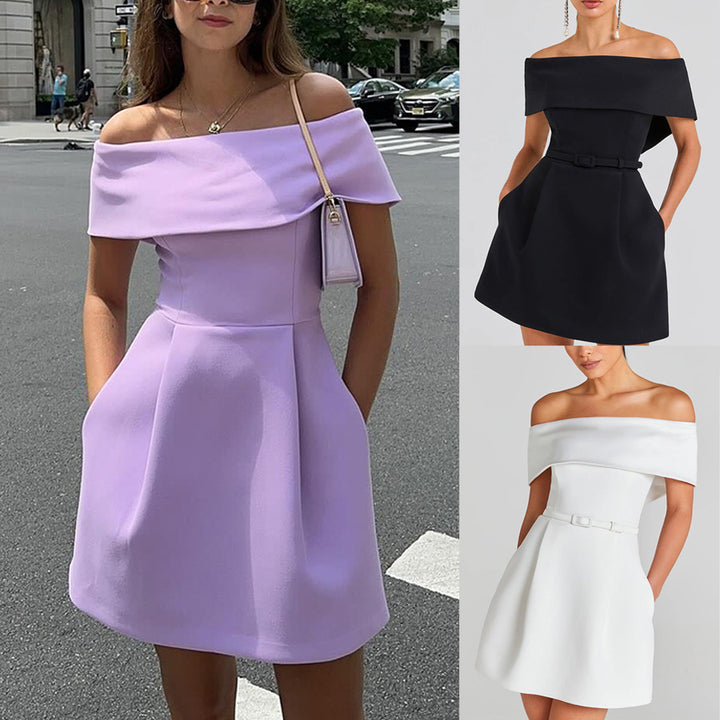 Damer Off-Shoulder Mini-Kjole med tætsiddende bælte og elegant flæse Stiila
