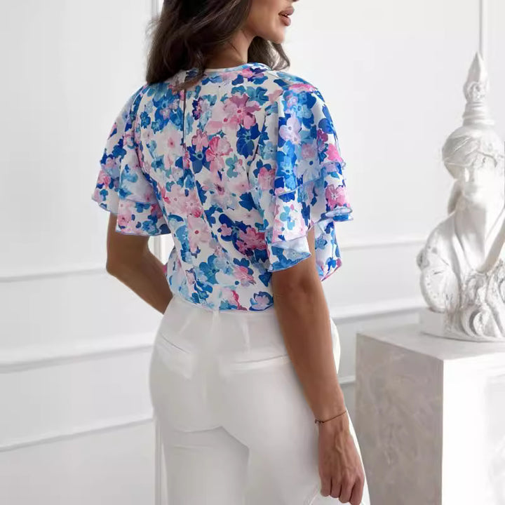 Damer kortærmet bluse med rynkedetaljer og blomsterdesign Stilla