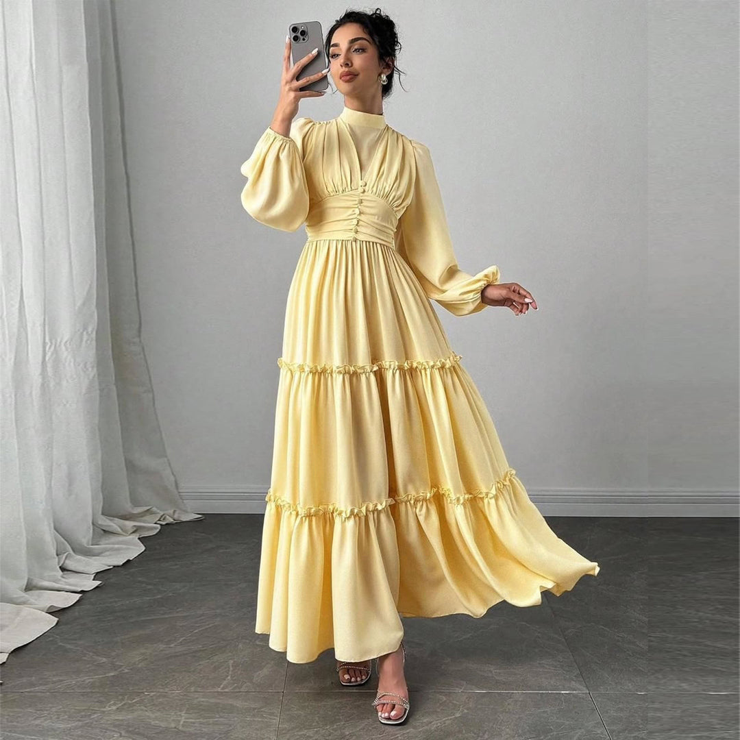 Dame Maxi Kjole med Elegante Volant Detaljer og Samlet Top