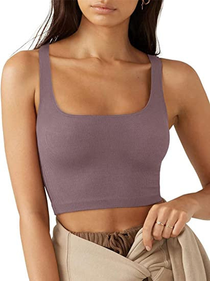 Dame cropped top med brede stropper og fint ribmønster Skovae
