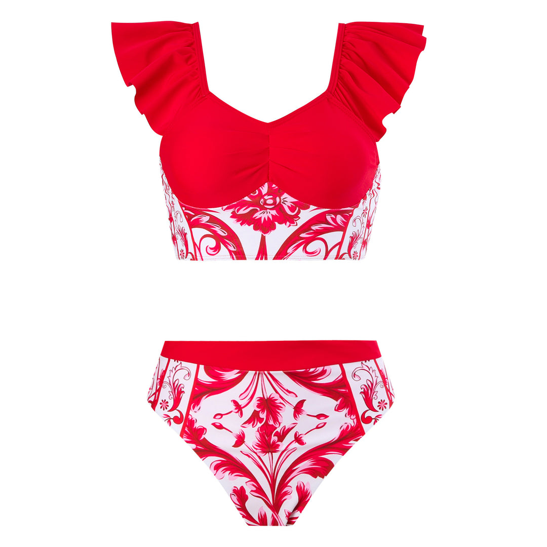 Dame Bikinikombination med elegant volant-top og blomster maksikjole Stilla