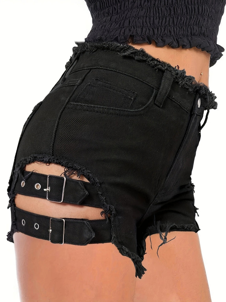 Dame Destroyed Denim-Shorts med sidelæns bånd-detajle og moderigtigt frynse-kant Stilla