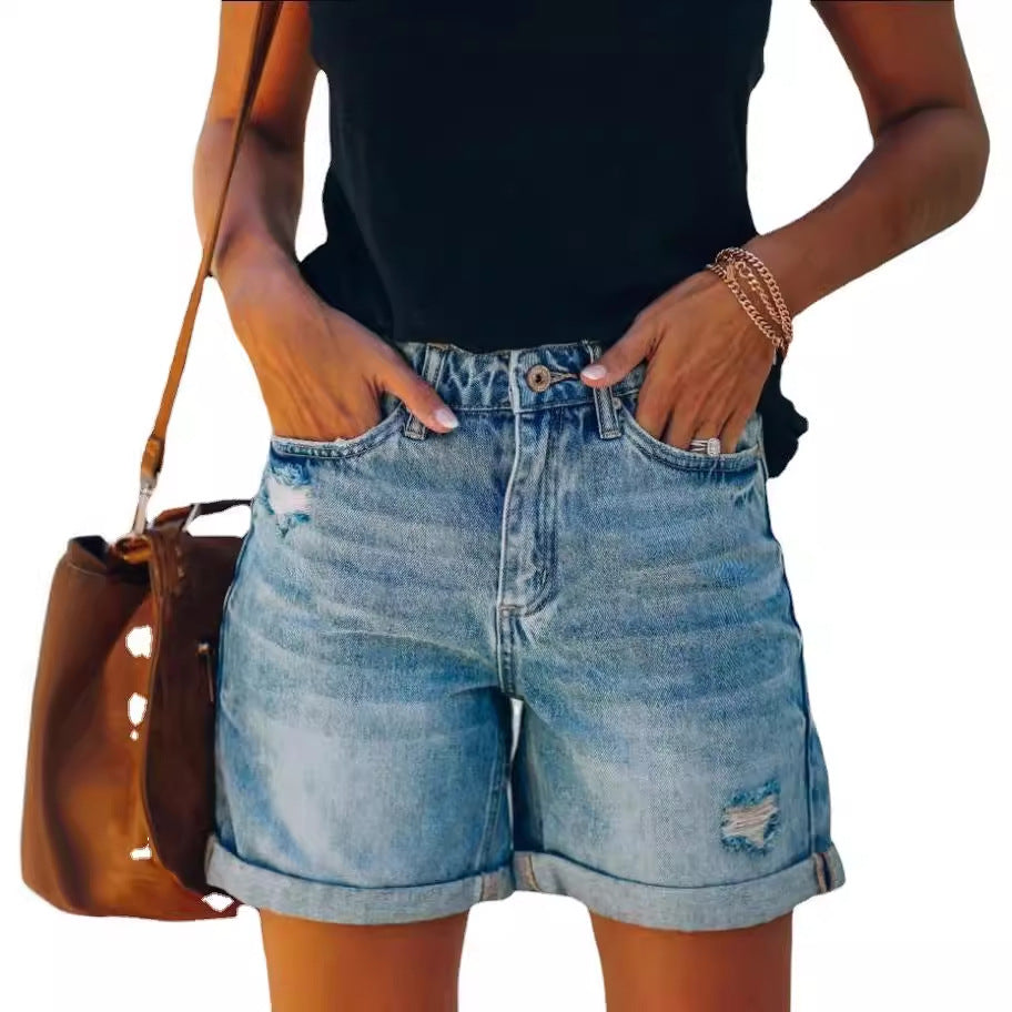 Kvinders Højtaljede Denim Shorts i Vintage Stil Stilla