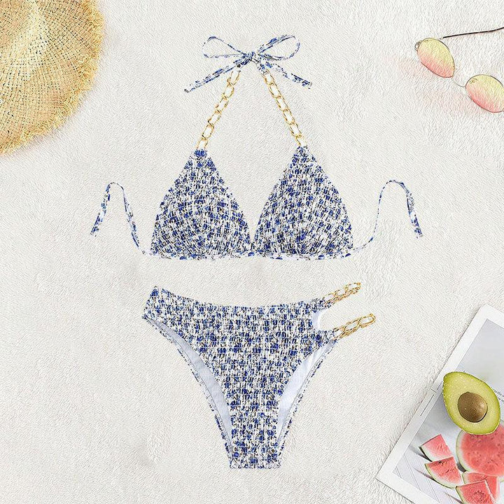Dame Triangel-Bikini med gyldne kæde-detaljer og legende blomsterprint Skovae