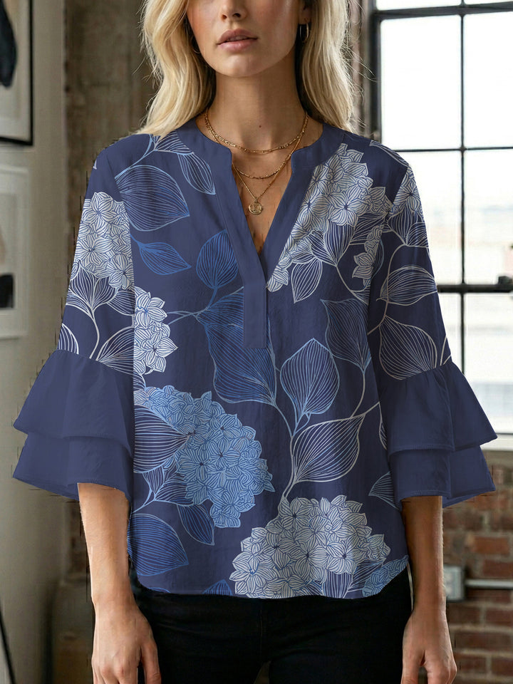 Dame skjorte med voluminøse ærmer og blomsterdesign Skovae