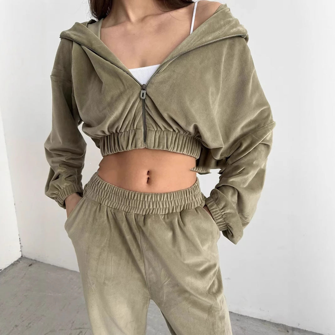 Kvindernes afslappede velour sweatshirtjakke med en løs pasform og elastisk talje Skovae