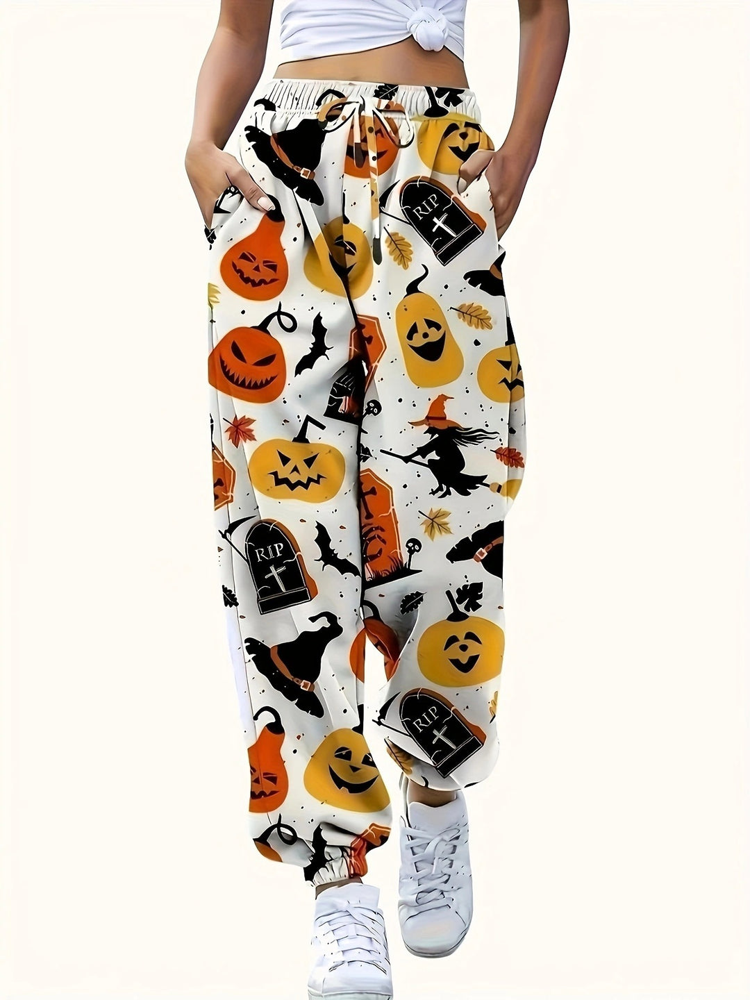 Dame fritidshose med farverigt Halloween-motiv og elastisk linning Stilla