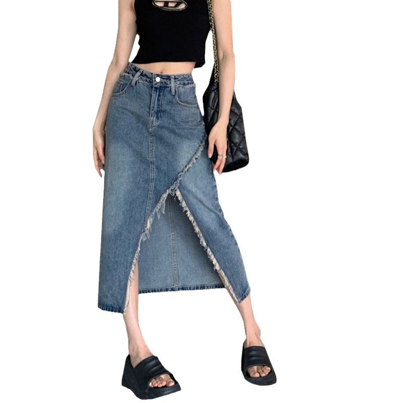 Kvindernes denim midi nederdel med asymmetrisk kant Stilla