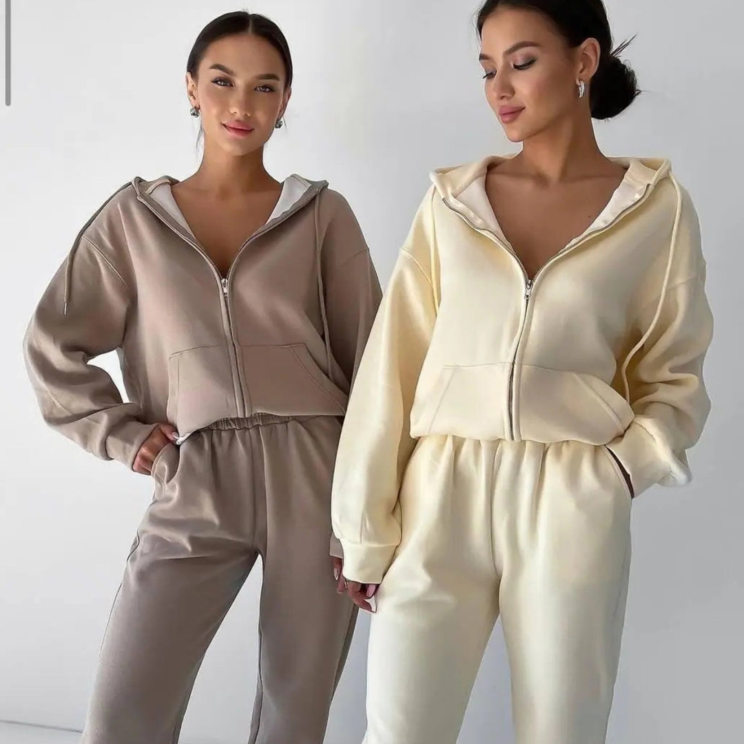 Dame casual fleece sæt med hætte og elastisk talje Stilla