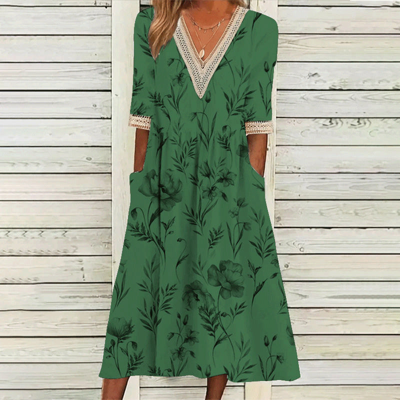 Stilla | Elegant Print V-hals Blonde Tre-vendt kvart Ærme Kjole