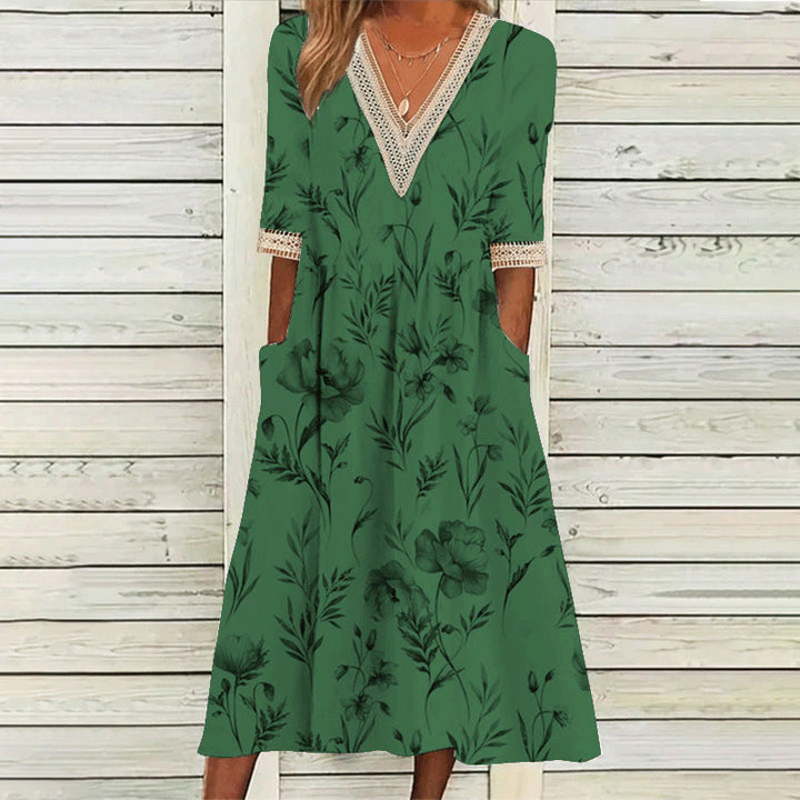 Stilla | Elegant Print V-hals Blonde Tre-vendt kvart Ærme Kjole
