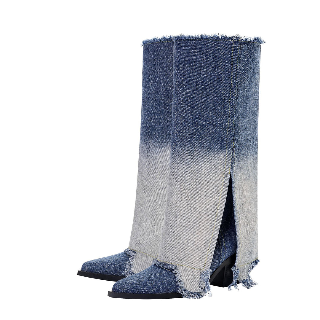 Femme Distressed Denim Over-knæet Mode Støvler Stilla