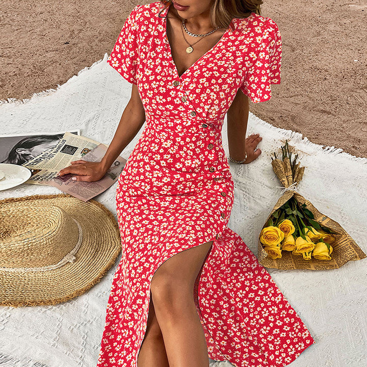 Dame Floral Button-Up Maxi Kjole med høj split Stilla