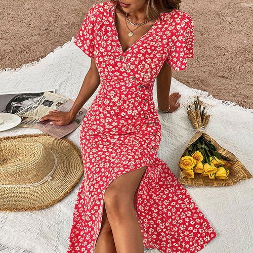 Dame Floral Button-Up Maxi Kjole med høj split Stilla
